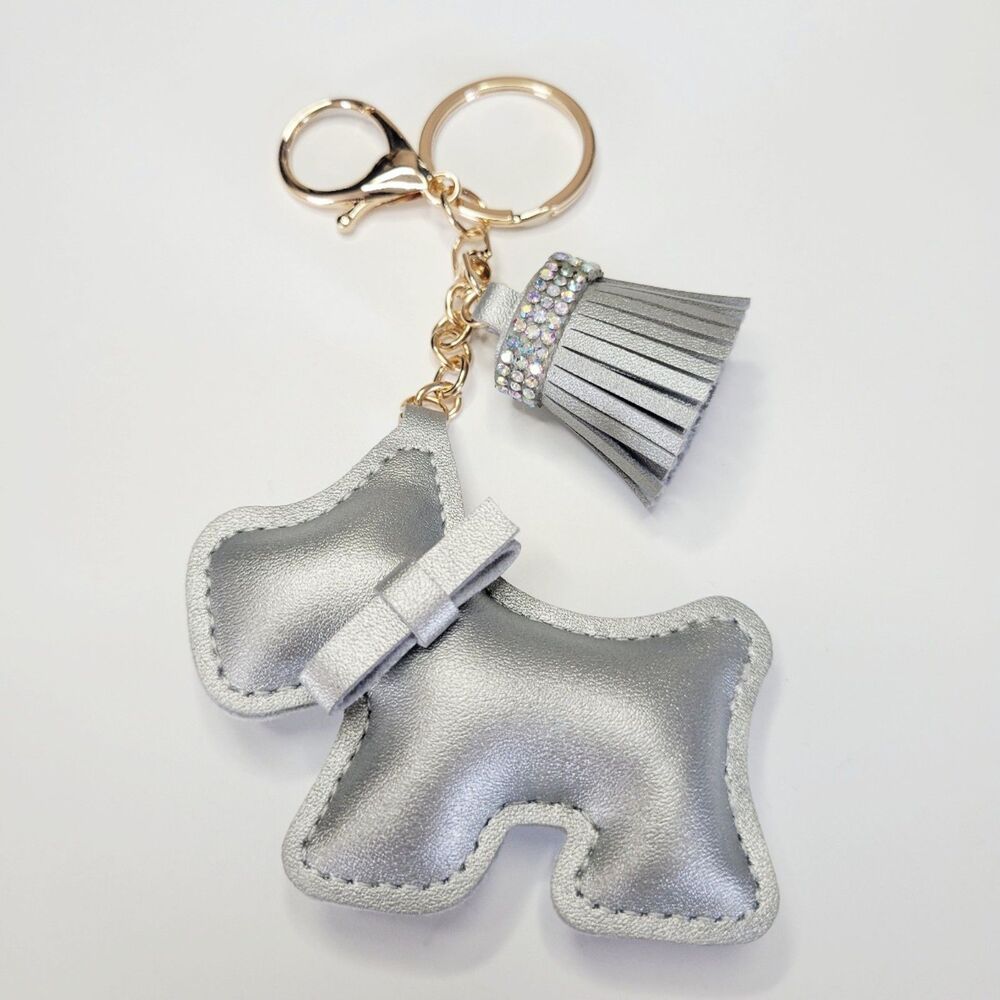 NWT Schnauzer Terrier Dog Keychain Bag Charm Metallic Silver, Gold With Tassel